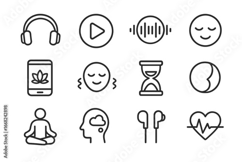 Guided Meditation Icons. Outline icon set of guided meditation: headphones, play button, voice wave, calm face