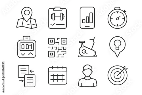 Gym App Outline Icons. Outline vector icons of gym companion apps: gym map, equipment log, workout history,