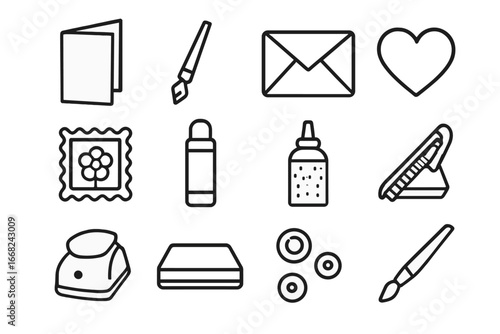 Handcraft Tools Icons. Outline icon set of handmade greeting cards: blank card, calligraphy pen, envelope,
