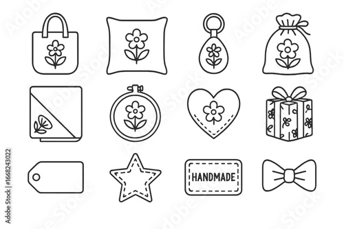 Handmade Gifts Icons. Outline vector icons of handmade embroidered gifts: tote bag, cushion cover, keychain