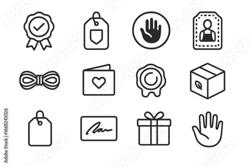 Handmade Goods Icons. Outline icon set of high-quality handmade goods: quality seal, authenticity tag,