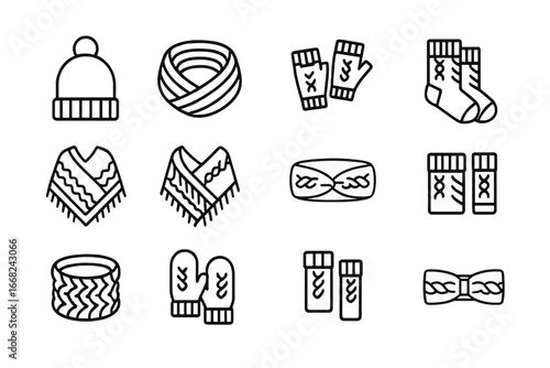 Handmade Wool Accessories Icons. Outline icon set of handmade wool accessories: beanie, infinity scarf,