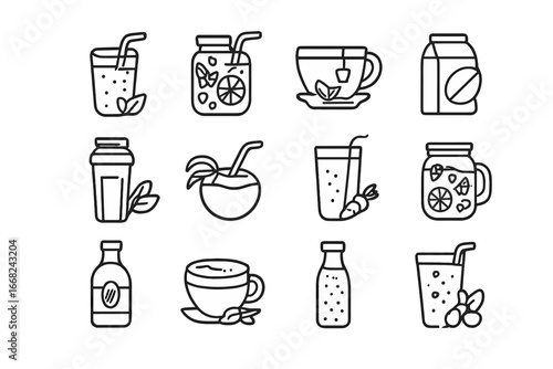 Healthy Drinks Icons. Outline icon set of healthy drinks: green smoothie, detox water, herbal tea, almond milk