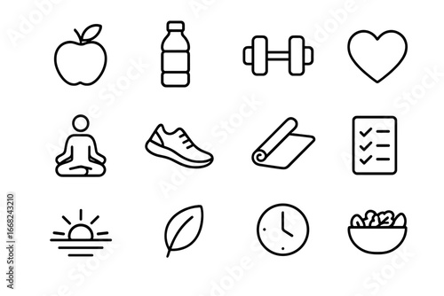 Healthy Lifestyle Icons. Outline icon set of healthy lifestyle for growth: apple fruit, water bottle, dumbbell