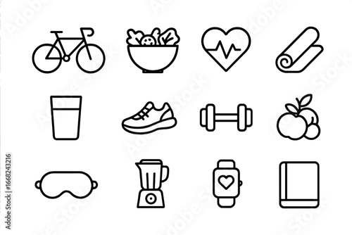 Healthy Lifestyle Icons. Outline icon set of healthy lifestyle choices: bicycle, salad bowl, heart rate