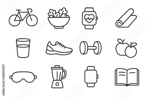 Healthy Lifestyle Icons. Outline icon set of healthy lifestyle choices: bicycle, salad bowl, heart rate