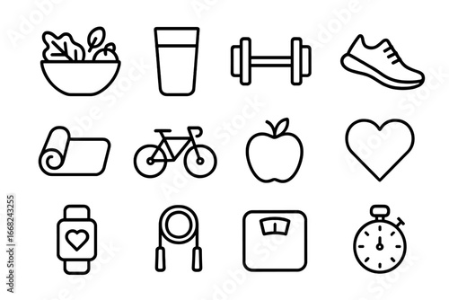 Healthy Lifestyle Icons. Outline icon set of healthy lifestyle habits: salad bowl, water glass, dumbbell,
