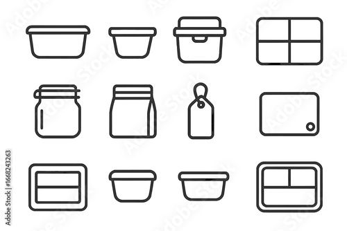 Healthy Snack Storage Icons. Outline icon set of healthy snack storage: glass container, portion cup, mini