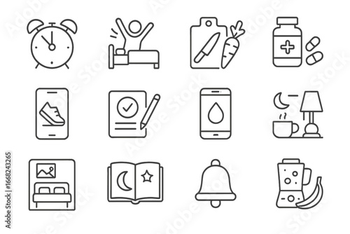 Healthy Routine Icons. Outline icon set of healthy routines: alarm clock, morning stretch, food prep, vitamins