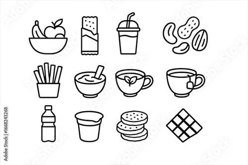 Healthy Snack Icons. Outline icon set of healthy office snacks: fruit bowl, granola bar, smoothie cup, mixed