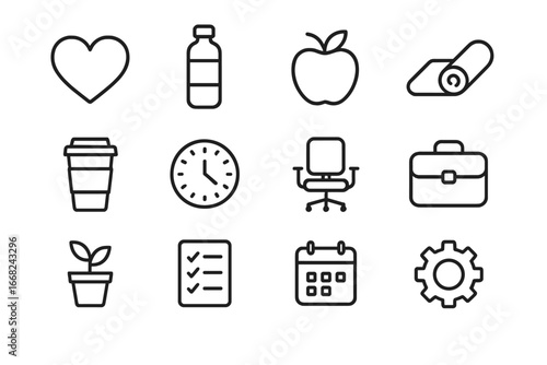 Healthy Workplace Habits Icons. Outline icon set of healthy workplace habits: heart, water bottle, apple, yoga