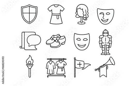Historic Reenactment Icons. Outline icon set of historic reenactment and costumes: knight shield, tunic icon,