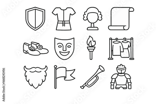 Historic Reenactment Icons. Outline icon set of historic reenactment and costumes: knight shield, tunic icon,