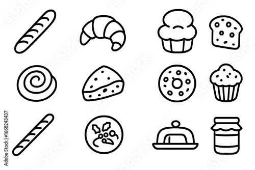 Holiday Bread Icons. Outline icon set of holiday bread and pastry selection: baguette, croissant, brioche,