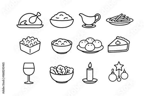 Holiday Feast Icons. Outline icon set of traditional holiday meals: roast turkey, mashed potatoes, gravy boat,