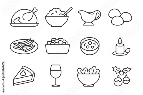 Holiday Feast Icons. Outline icon set of traditional holiday meals: roast turkey, mashed potatoes, gravy boat,