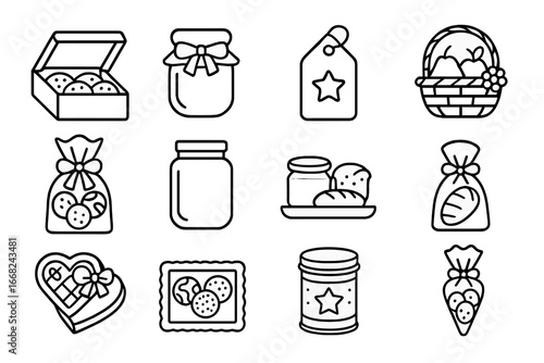 Holiday Food Icon Set. Outline icon set of food gifting during holidays: cookie box, ribboned jar, gift tag,