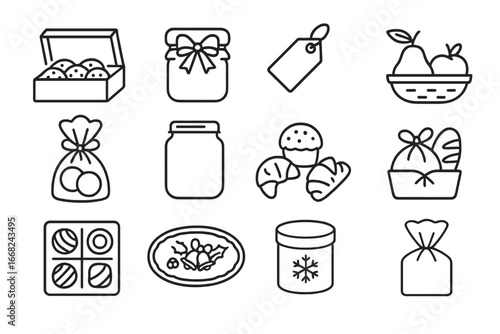 Holiday Food Icon Set. Outline icon set of food gifting during holidays: cookie box, ribboned jar, gift tag,