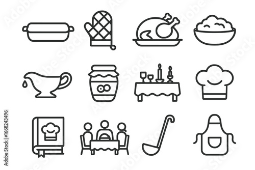 Holiday Meal Icons. Outline icon set of cooking a special meal on family holidays: roasting pan, oven mitt,