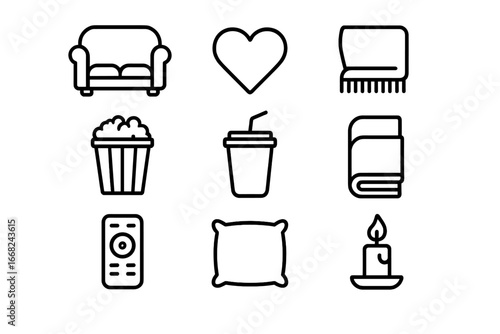 Home Date Night Icons. Outline icon set of home date night: couch, heart icon, wine glass, popcorn bucket,