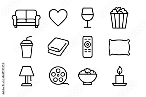 Home Date Night Icons. Outline icon set of home date night: couch, heart icon, wine glass, popcorn bucket,