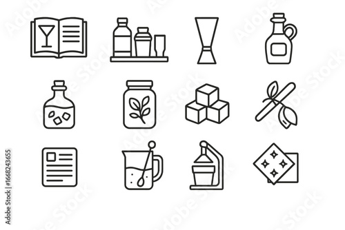 Home Mixology Icons. Outline icon set of mixology at home: recipe book, bar setup, measuring jigger, homemade