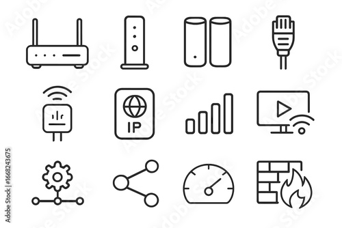 Home Network Icons. Outline icon set of home network for streaming: router, modem, mesh system, Ethernet cable