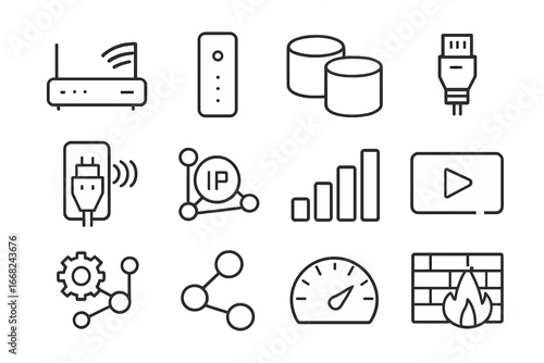 Home Network Icons. Outline icon set of home network for streaming: router, modem, mesh system, Ethernet cable