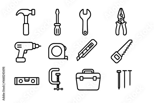 Home Repair Tools Grid. Outline icon set of home repair tools: hammer, screwdriver, wrench, pliers, drill,