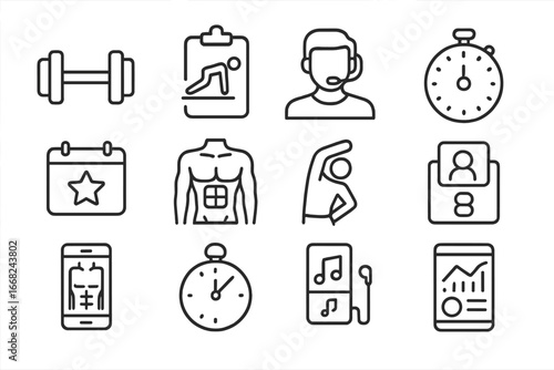 Home Workout Icon Set. Outline vector icons of home workout apps: dumbbell icon, bodyweight plan, virtual