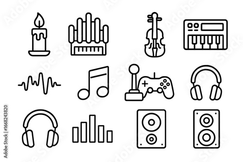 Horror Music Icon Set. Outline icon set of horror game music: candle, pipe organ, violin, synthesizer, sound