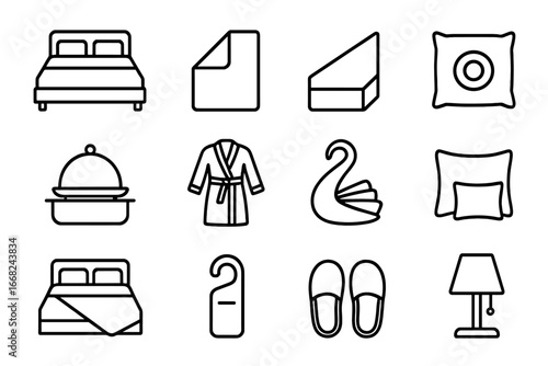 Hotel Bed Icons. Outline vector icons of hotel bedding setup: hotel bed, crisp sheets, folded corner, logo