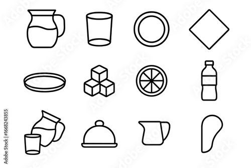 Hotel Water Service Icons. Outline icon set of hotel room water service: glass jug, matching glass, coaster,