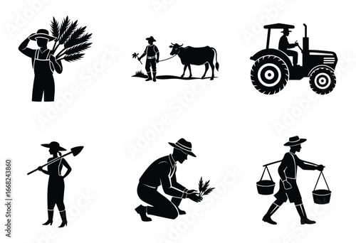 Farmer with a shovel Silhouettes Vector Set Agriculture 