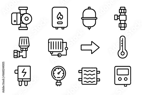 HVAC System Icons. Outline vector icons of HVAC water pump systems: circulation pump, boiler tank, expansion
