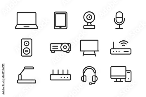 Hybrid Learning Icons. Outline icon set of hybrid learning technology: laptop, tablet, webcam, microphone,
