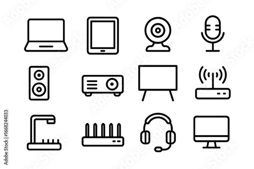Hybrid Learning Icons. Outline icon set of hybrid learning technology: laptop, tablet, webcam, microphone,