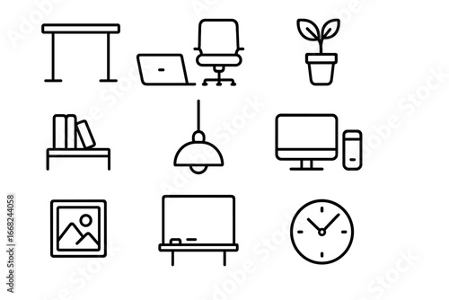 Hybrid Workspace Icons. Outline icon set of hybrid workspaces: standing desk, laptop, ergonomic chair, potted