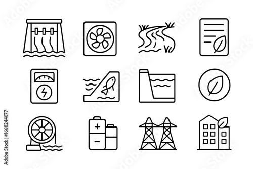 Hydro Energy Icon Set. Outline icon set of hydro energy credits: hydroelectric dam, water turbine, river,