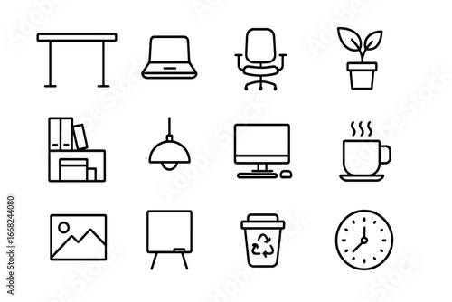 Hybrid Workspace Icons. Outline icon set of hybrid workspaces: standing desk, laptop, ergonomic chair, potted