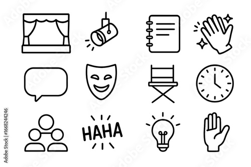 Improv Rehearsal Icons. Outline icon set of improv rehearsal sessions: stage, spotlight, notebook, clapping