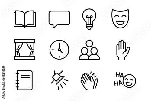 Improv Storytelling Icons. Outline icon set of storytelling in improv: open book, speech bubble, light bulb,