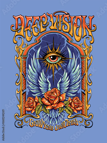 A bold and mystical vector illustration blending surreal symbolism of vision, freedom, and growth with gothic typography, detailed roses, radiant wings, and cosmic energy
