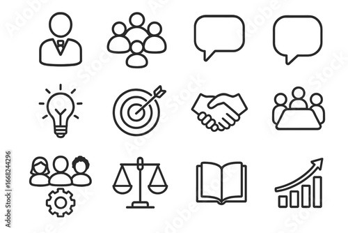 Inclusive Leadership Icons. Outline icon set of inclusive leadership: leader icon, group circle, speech bubble