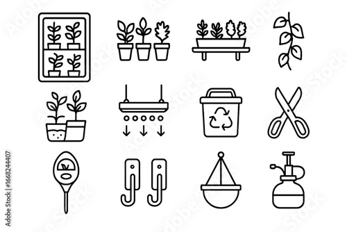 Indoor Garden Icons. Outline icon set of indoor vertical gardening: vertical frame, potted herbs, mounted