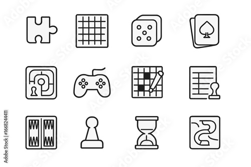 Indoor Games Icon Set. Outline icon set of indoor games for cozy days: puzzle piece, chessboard, dice, card
