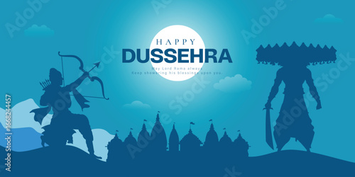 Dussehra: Ravan Dahan Lord Ram with Bow and Arrow, Ravan with Sword. Indian Festival Celebration with Blue Temple Background.