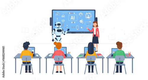 Artificial Intelligence Education Robot Teaching Students About AI Concepts On A Digital Whiteboard