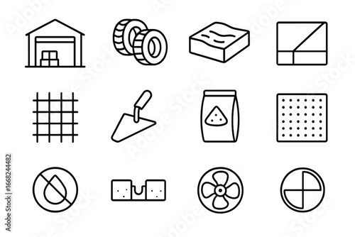 Industrial Floor Icons. Outline icon set of industrial concrete floors: warehouse icon, forklift tires, floor