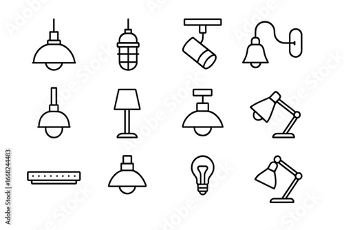 Industrial Lighting Icons. Outline icon set of industrial lighting: metal pendant lamp, cage light, track